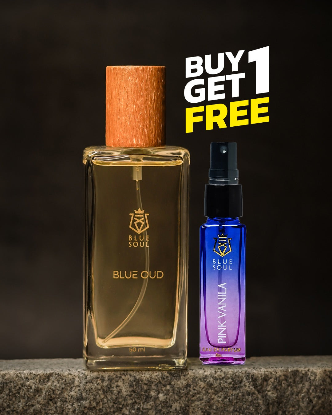 Two perfume bottles, one large and one small, with 'Blue Soul' branding on a dark background.